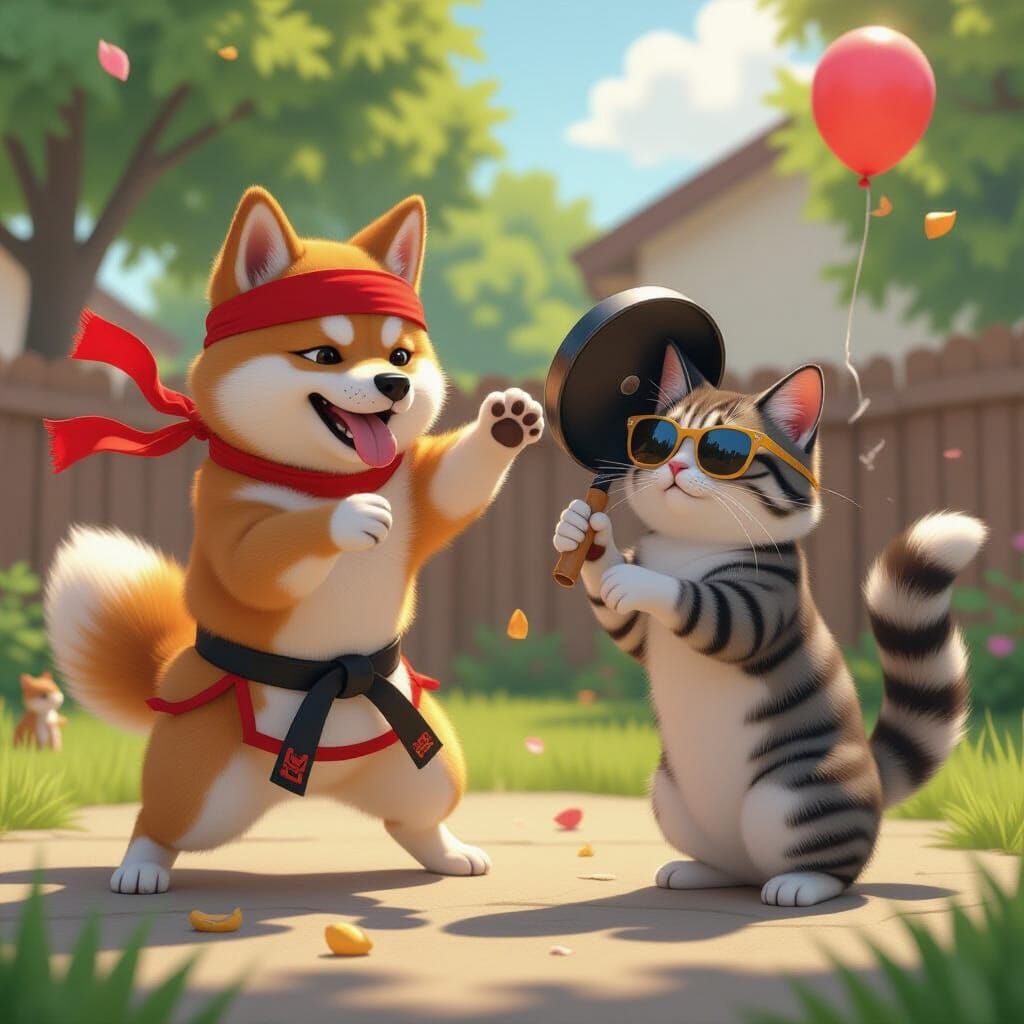 Shiba Inu vs Tabby Cat Backyard Battle