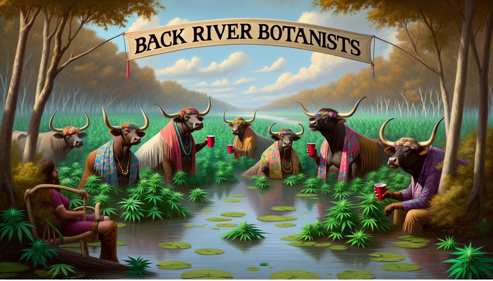 Hippie Bulls Enjoying Cannabis in Marsh Landscape