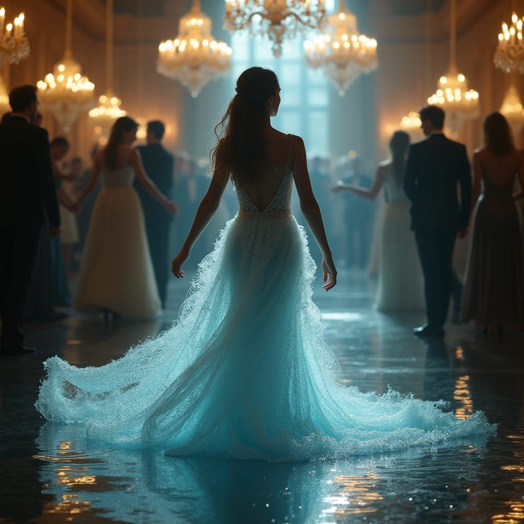 Woman in Shimmering Water Gown in Moonlit Ballroom