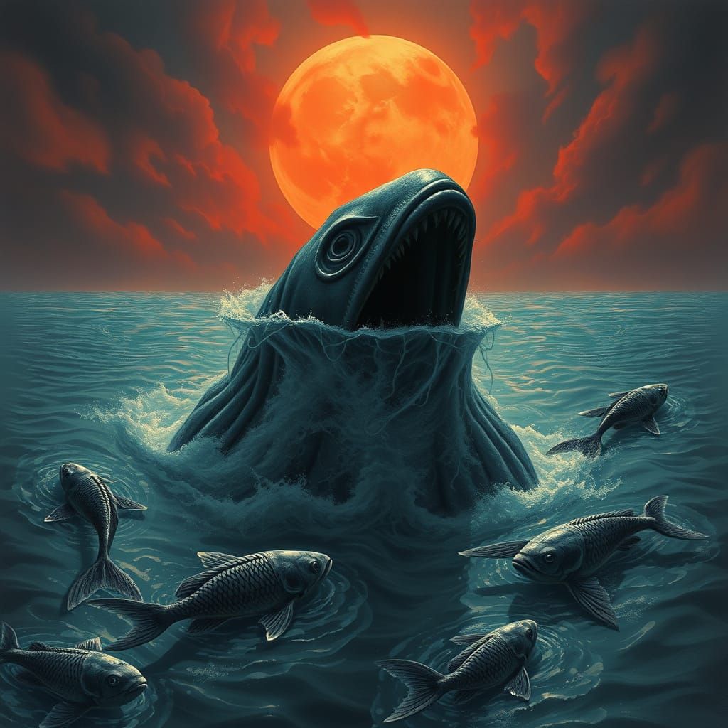 Polluted Sea with Debris in Dark Surrealist Style