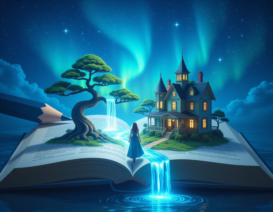 Miniature World Inside a Pencil With Aurora Borealis