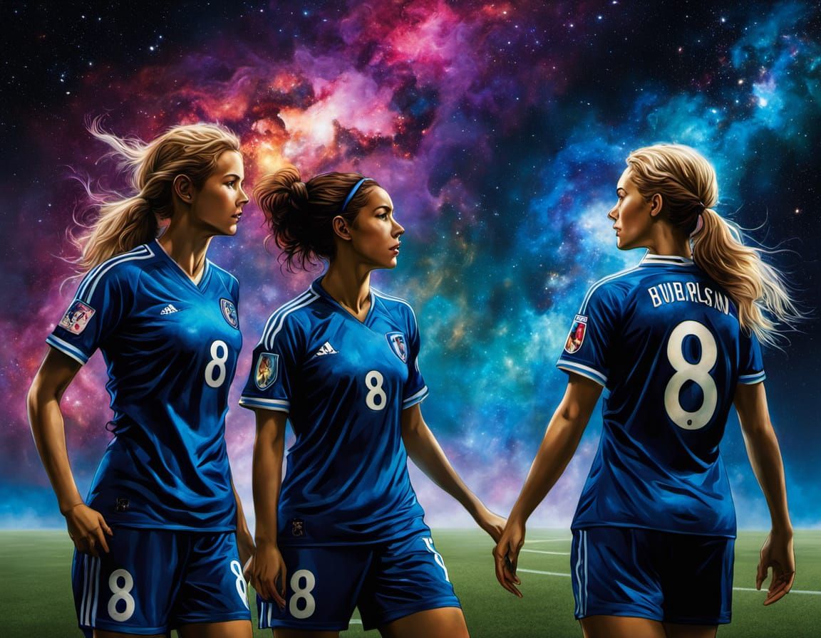 Women Soccer Players in Cosmic Galaxy Jerseys
