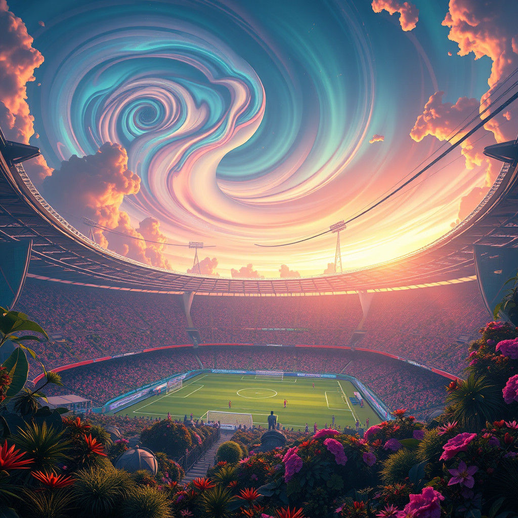 Futuristic Football Stadium with Aurora Sky