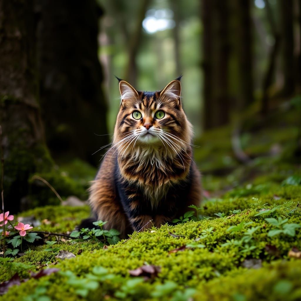 Norwegian Forest Cat in a Magical Froggy Forest