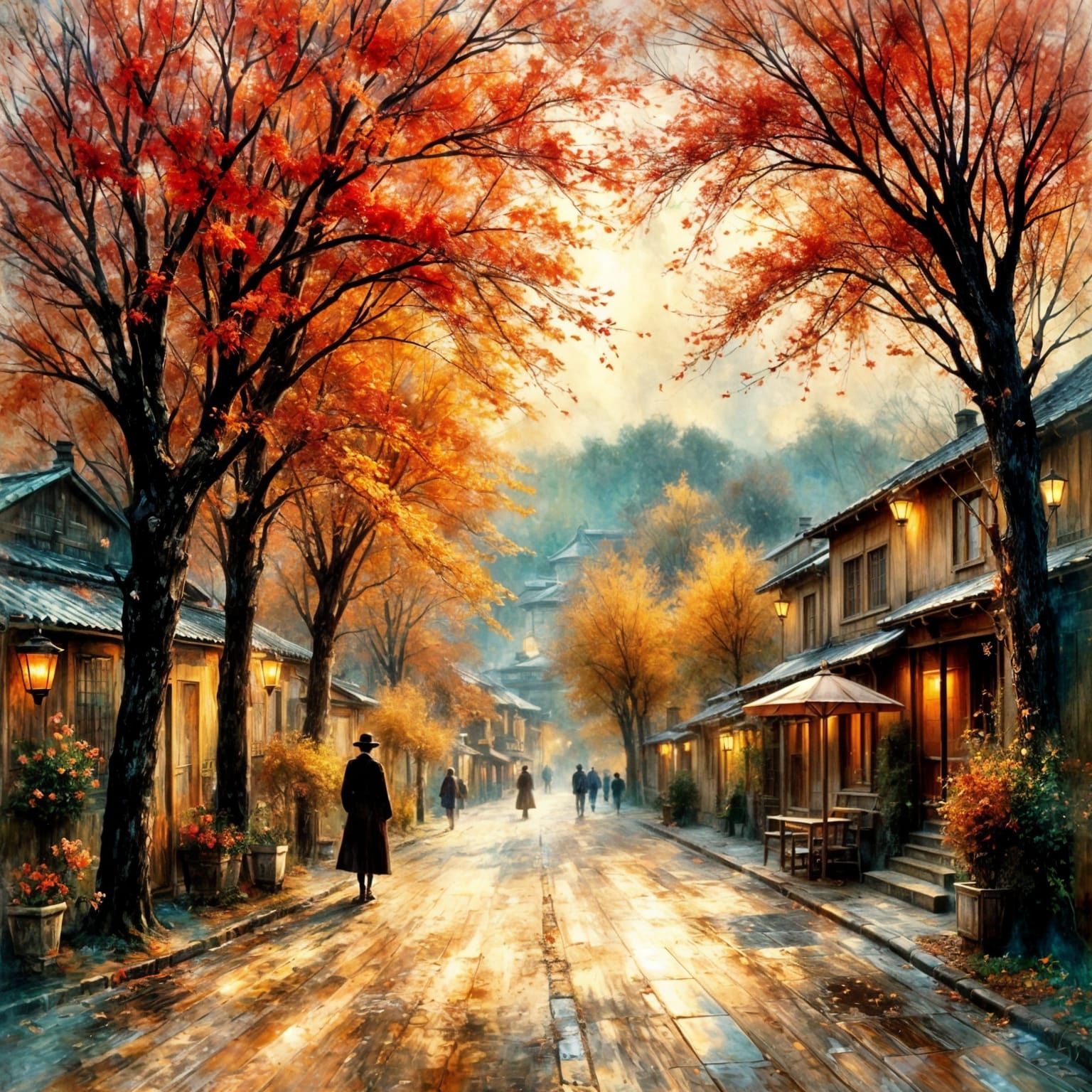 <lora:DreamweaverFlux:1.0> une rue du japon au crepuscule <lora:ImpressionistMusings:1.0>  warm colors volumetric lighti...