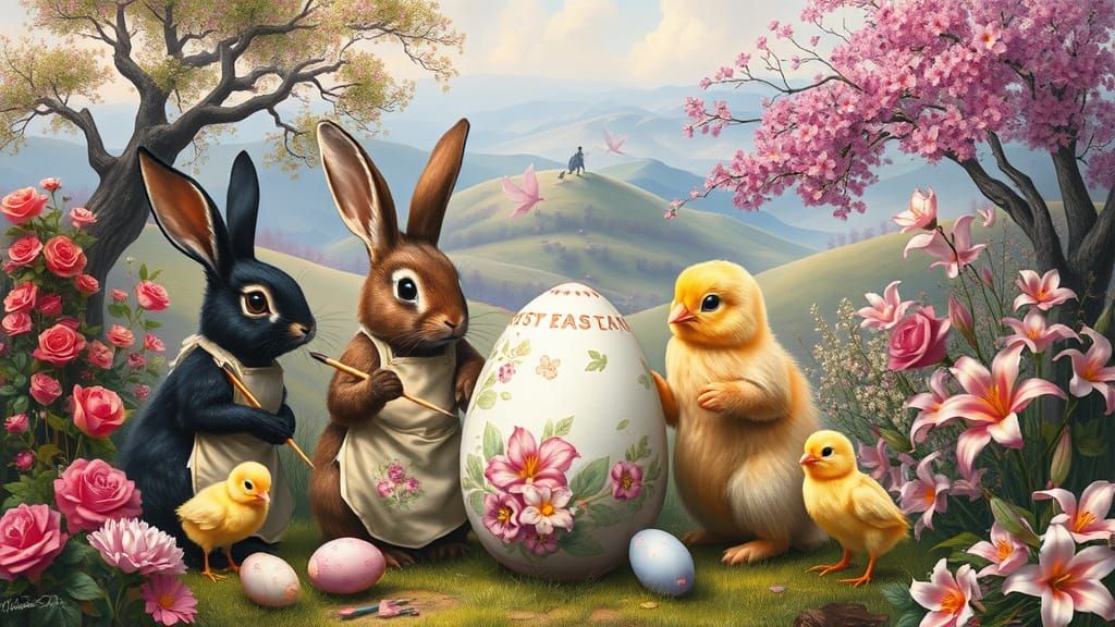 Rabbits and Chicks Painting Easter Eggs in Fairytale Landsca...