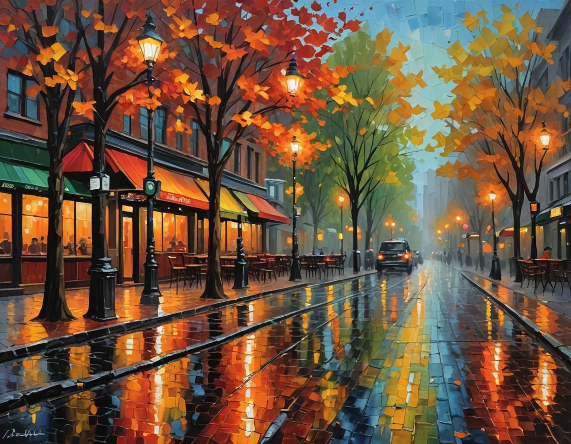 Vibrant City Cafe at Dusk: Impressionist Impasto Painting