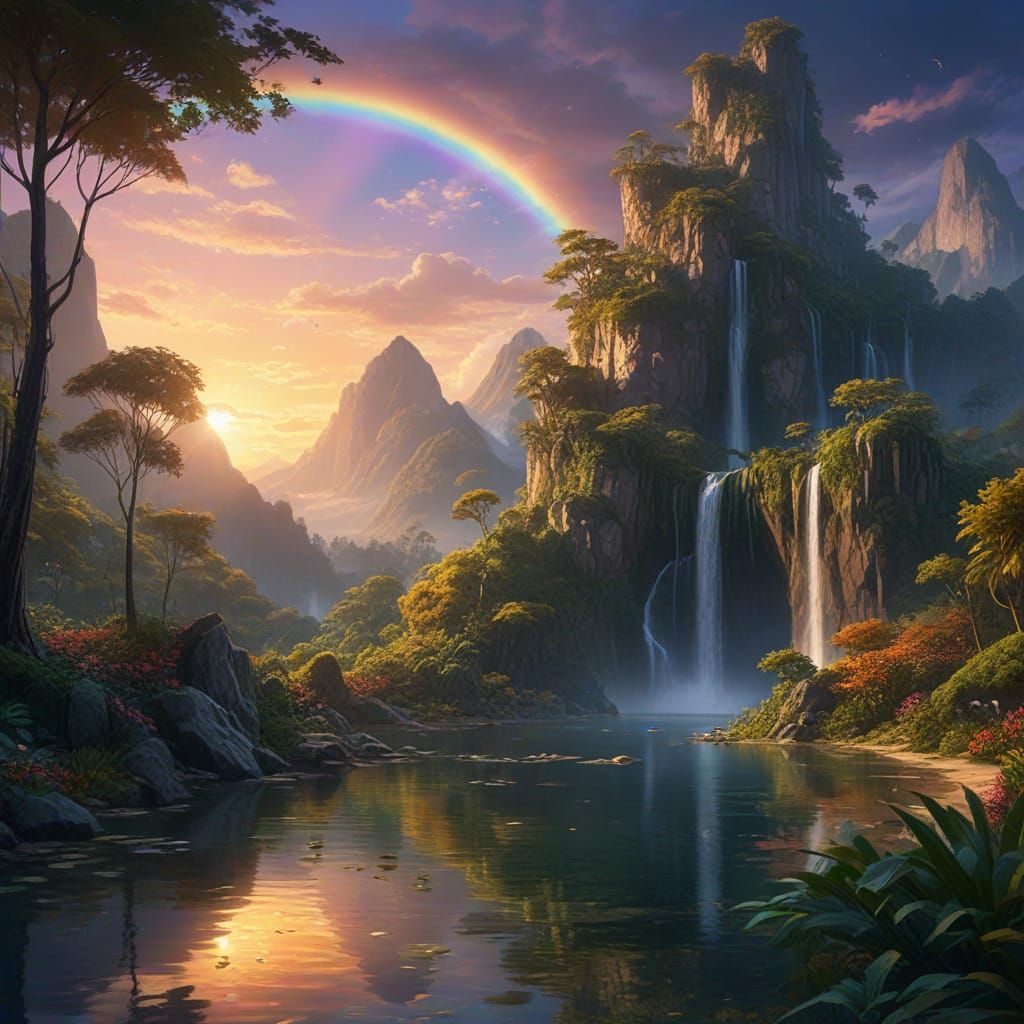 Magical Crescent Island with Waterfalls in Dreamlike Sky