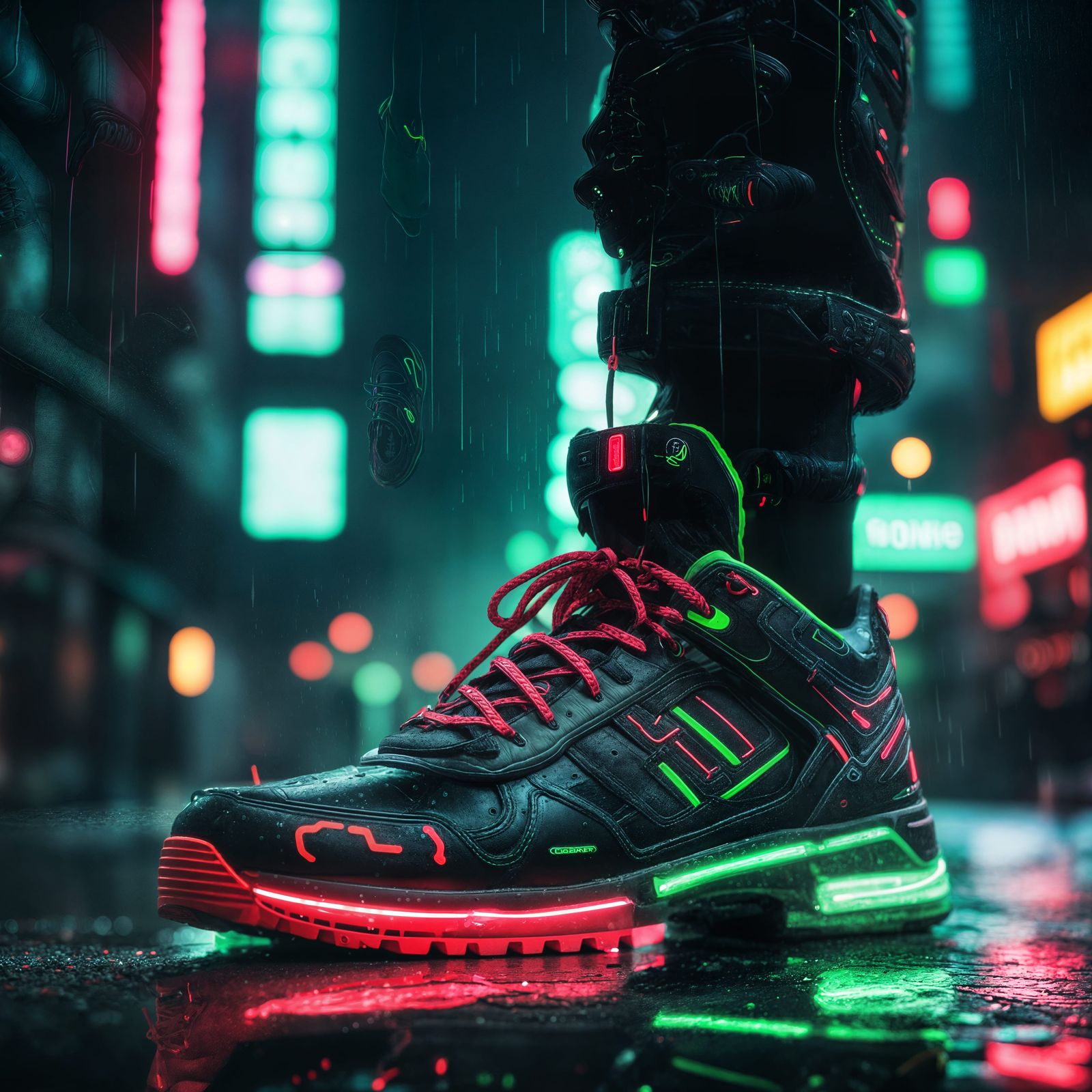 Cyberpunk Neon Shoes in Rainy Cityscape
