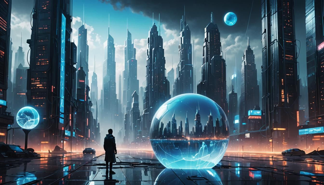Futuristic Cityscape in Crystal Ball, Cyberpunk Art