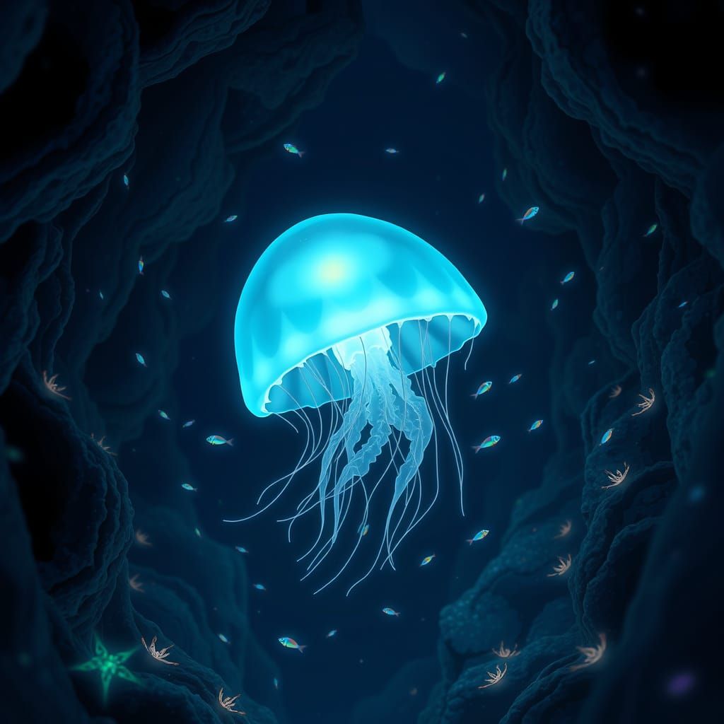 Bioluminescent Jellyfish in Deep-Sea Trench, Ghibli Style