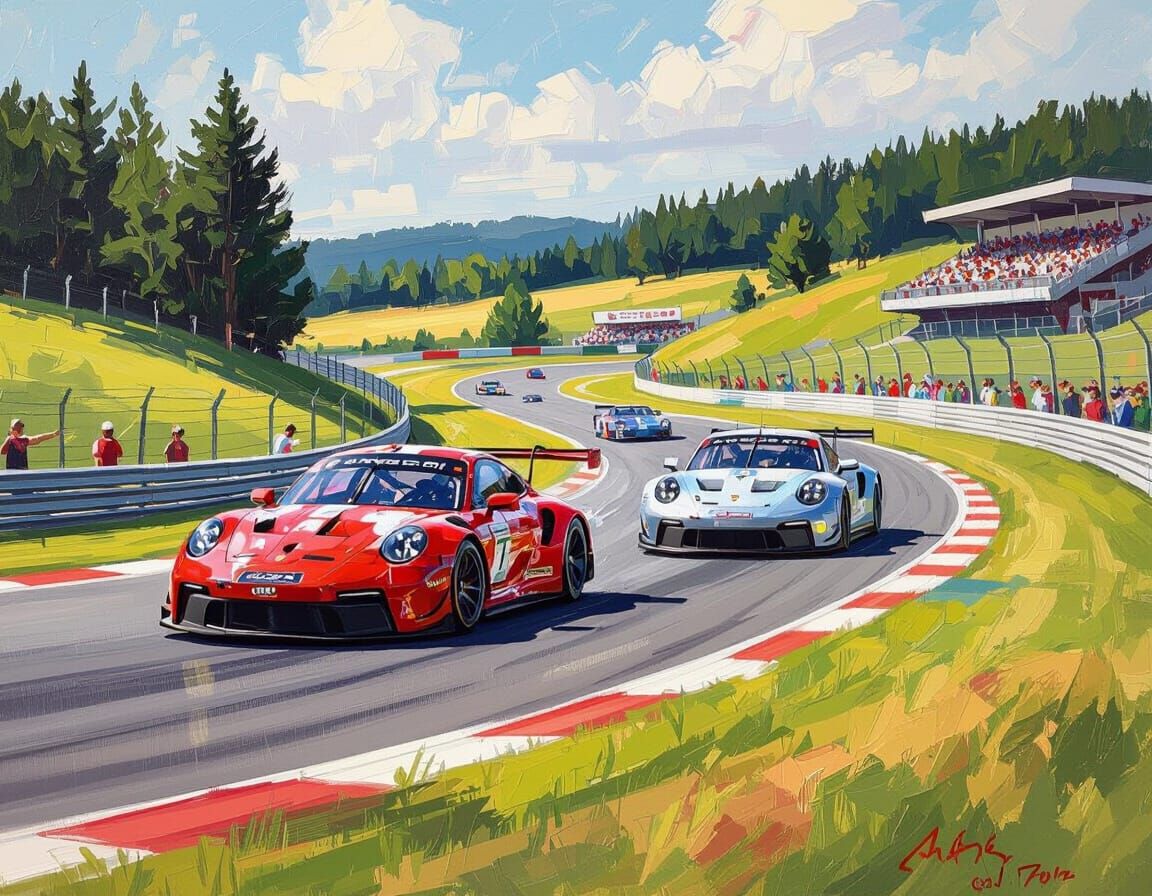 Porsche GT3 RSR Duel at Spa in Neo-Impressionist Style