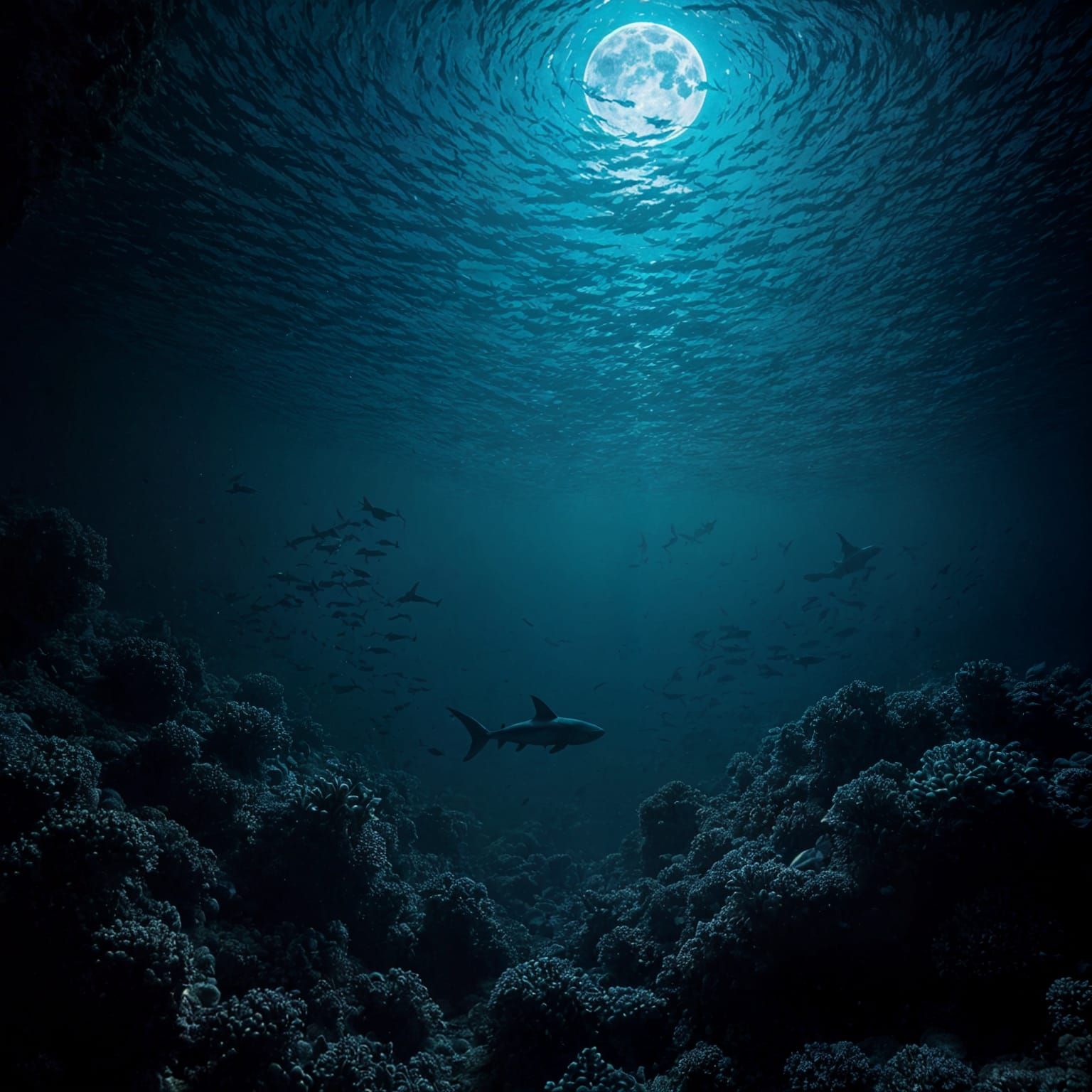 Underwater Coral Reef at Night with Shark Silhouette