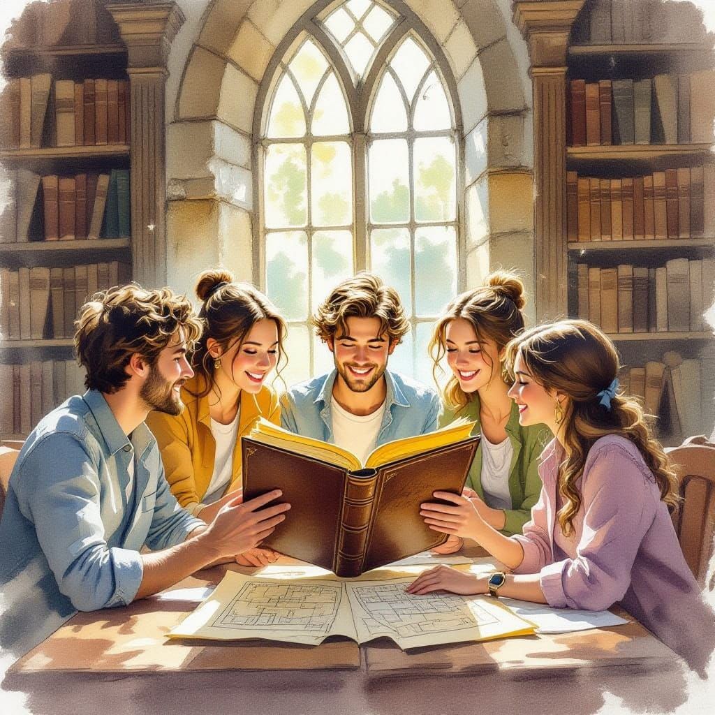 Friends Discovering a Map, Watercolour Style