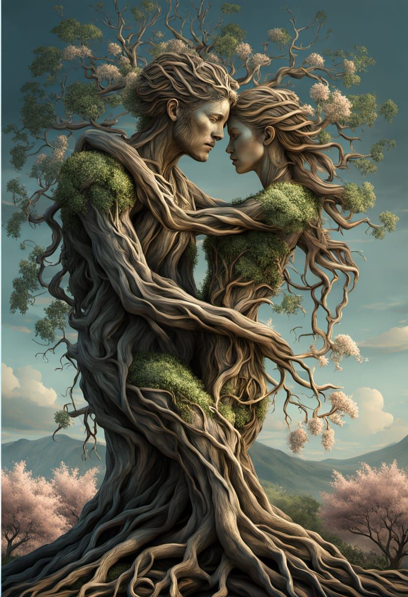 Surreal Trees Entwined in Delicate Embrace, Hyper-Realistic ...