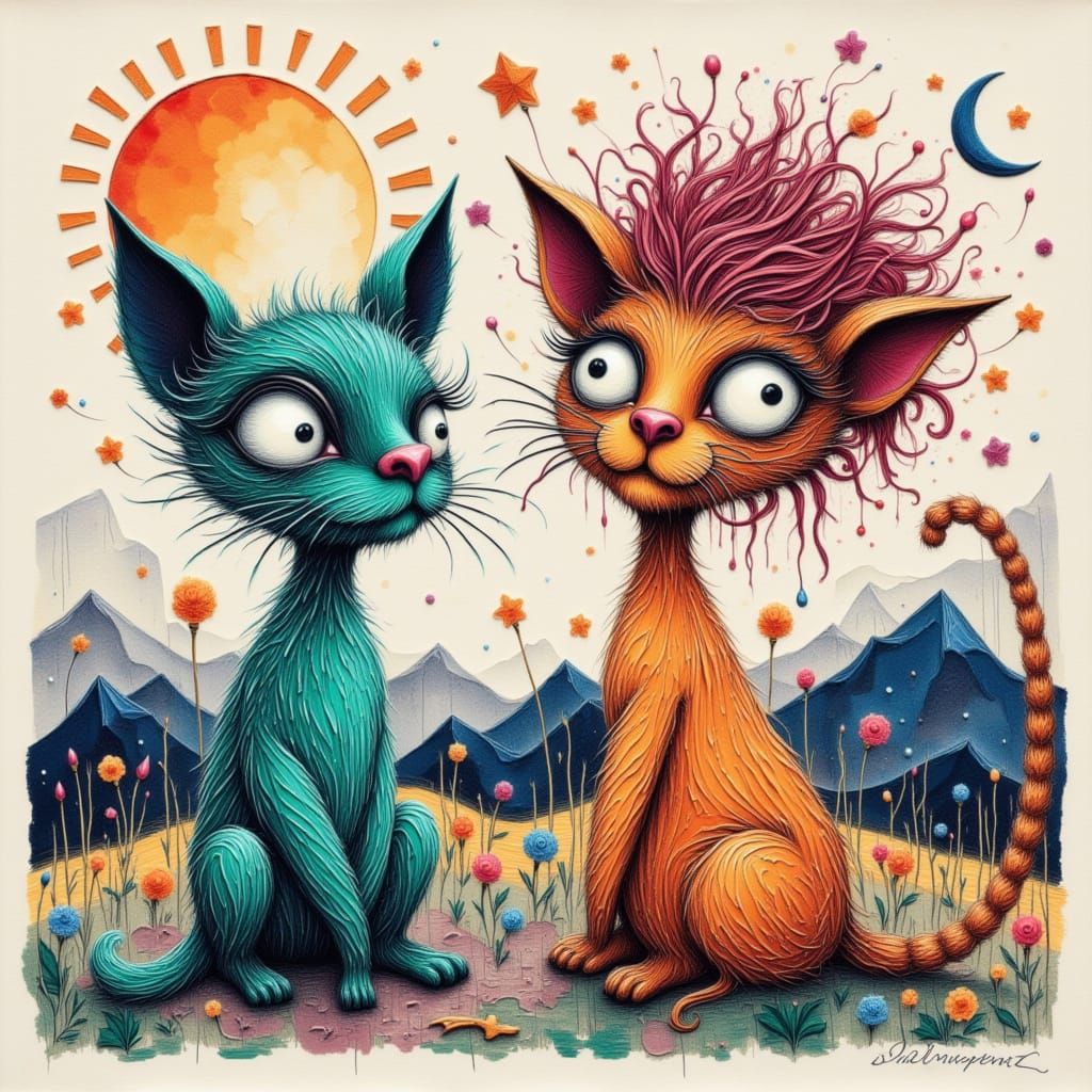 two human like boho doodle siamese  cats: exaggerated facial...