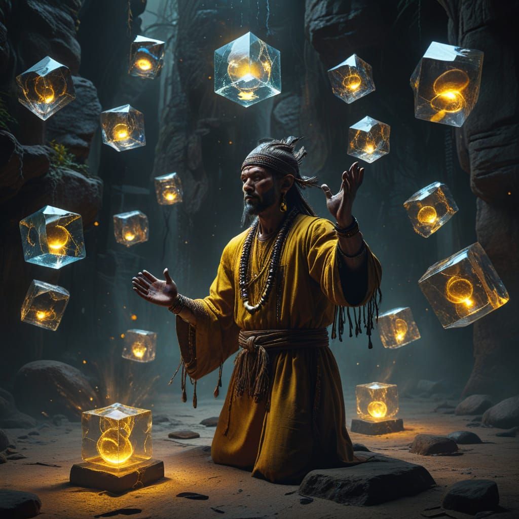 Shaman Encircled by Vibrant, Iridescent Aura in Hyperrealist...