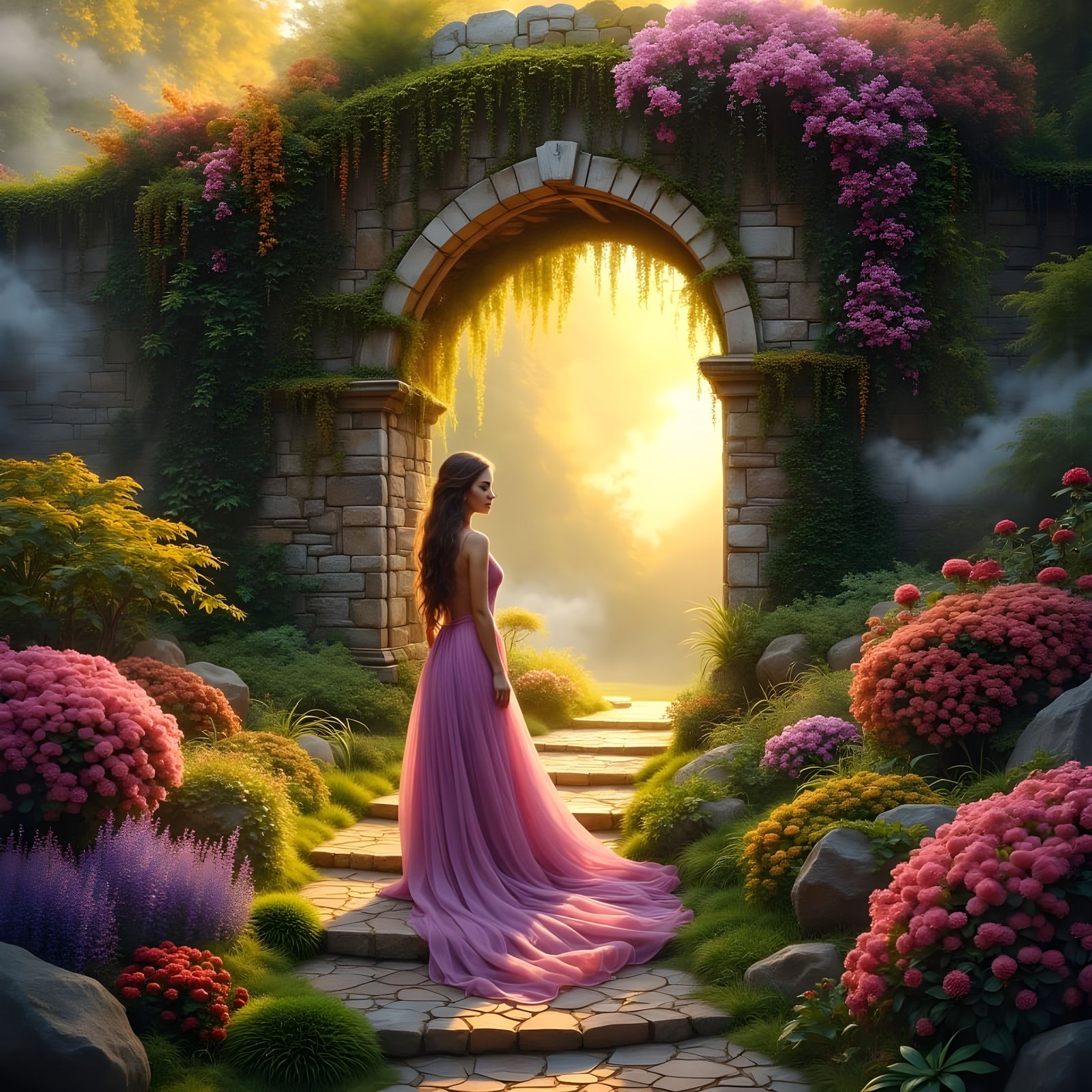 Ancient Moss-Covered Pathway to a Vibrant Floral Gateway