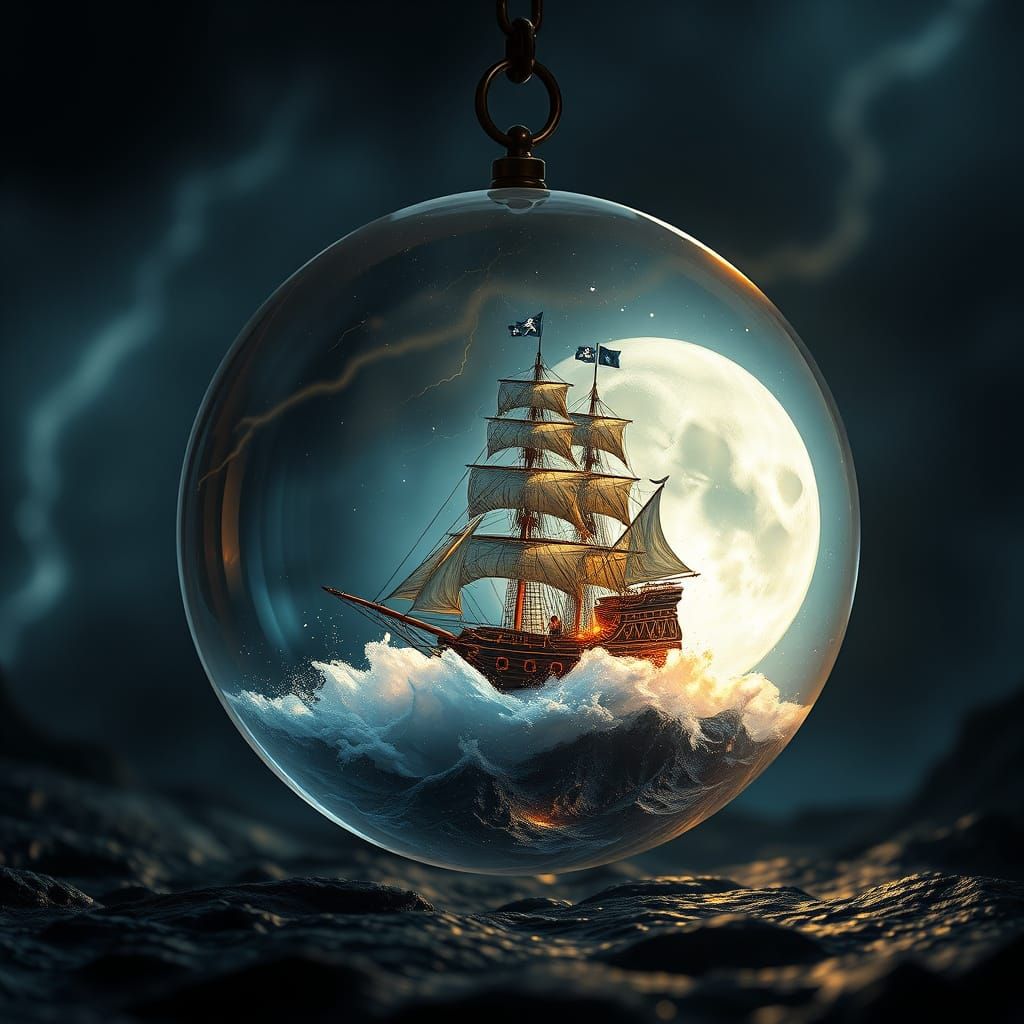 Surreal Glass Sphere Conceals Majestic Pirate Ship in Lightn...