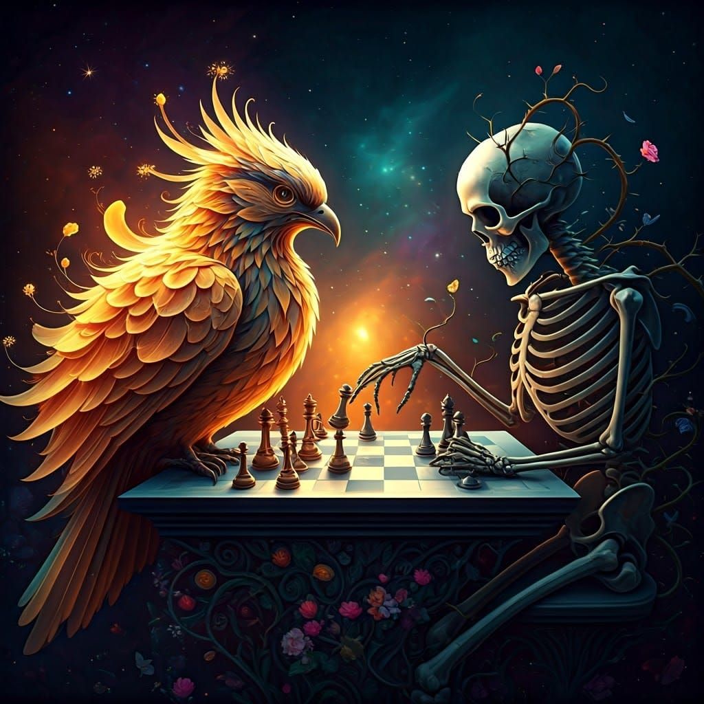 Surreal Floral Universe with Majestic Bird and Delicate Skel...