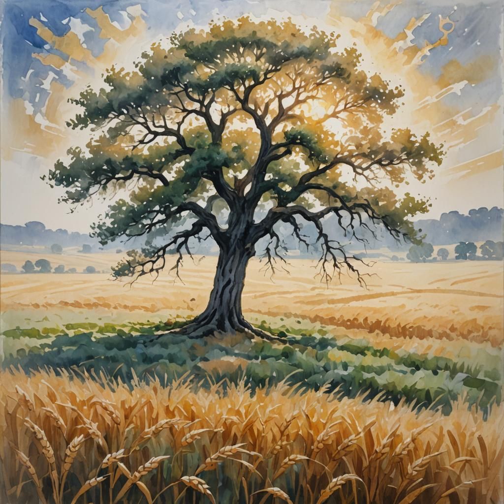 Impressionist Tree in Wheat Field Painting