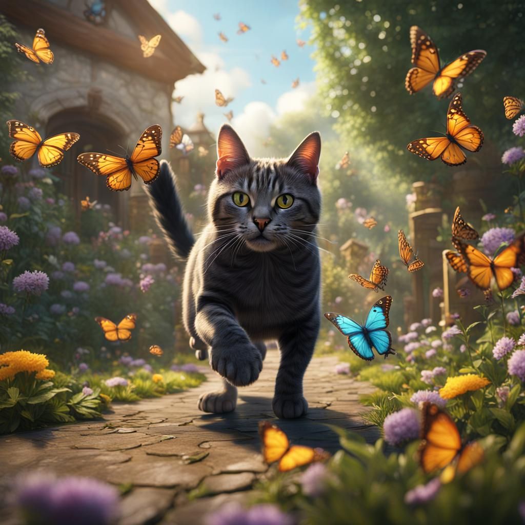 Cat Chasing Butterflies: Fantasy Concept Art