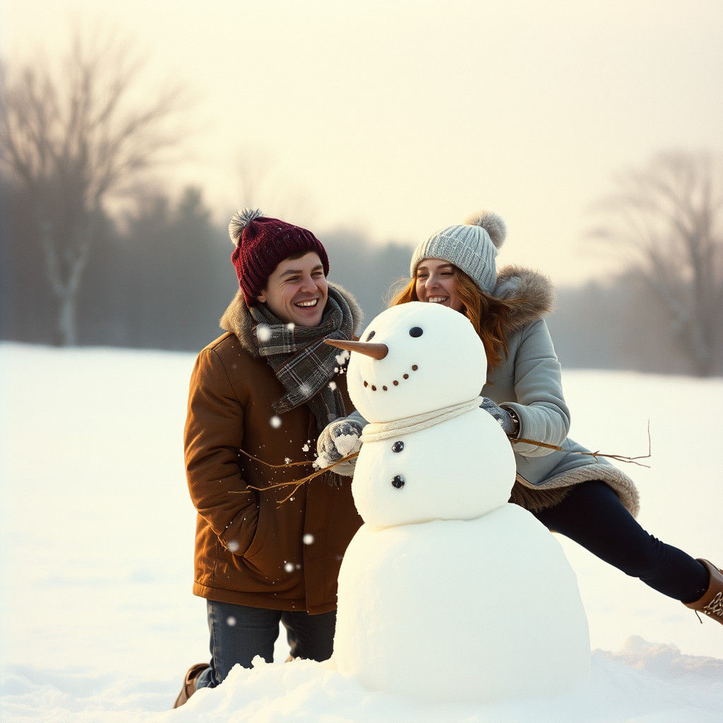 Young Couple Building Snowman Together in Winter Wonderland