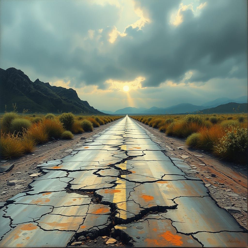 Dystopian Road Blending Realism and Digital Art