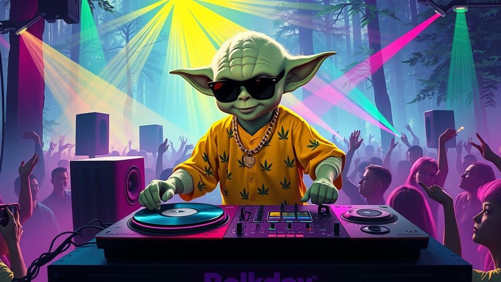 Baby Yoda DJing a Rave in Neon Forest