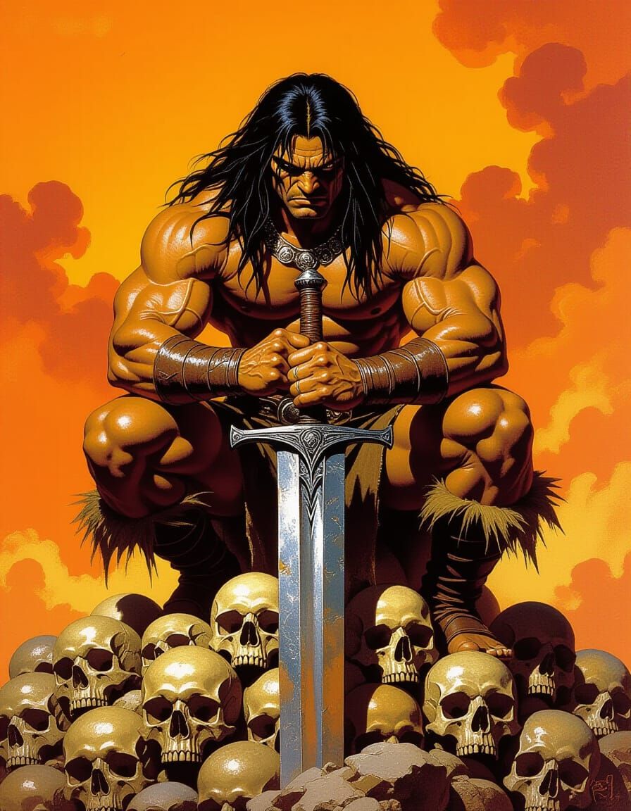 Epic Fantasy Warrior on Skull Pile in Fiery Sky