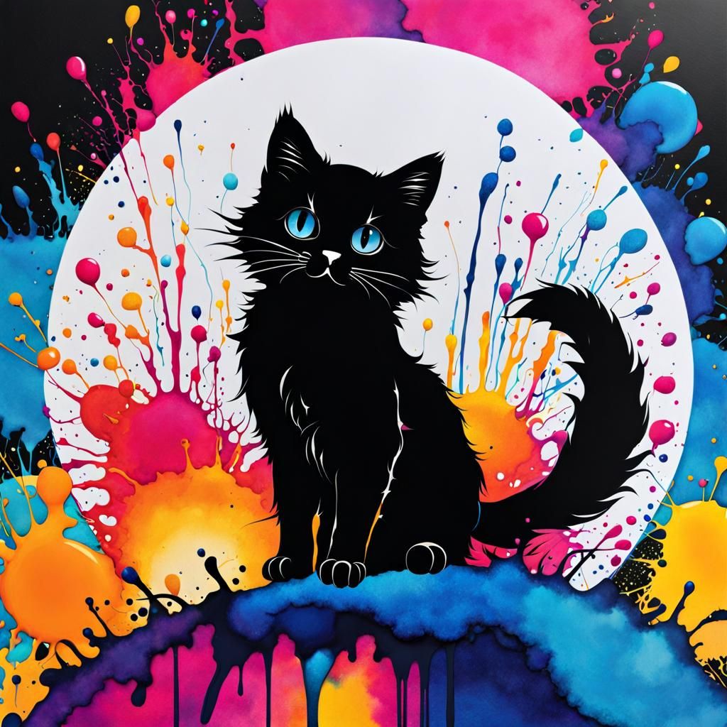 Colorful Ink Splatter Art with Cat Silhouette