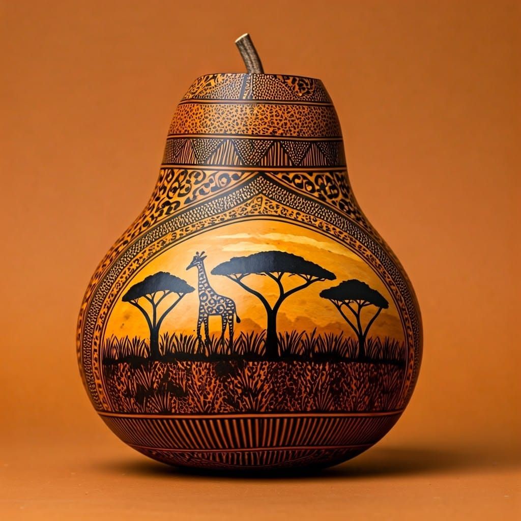 African Zulu Gourd Art: Savanna Scene