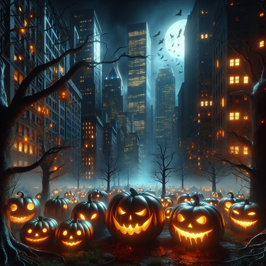 Halloween Pumpkins Wander Through City in the Mist