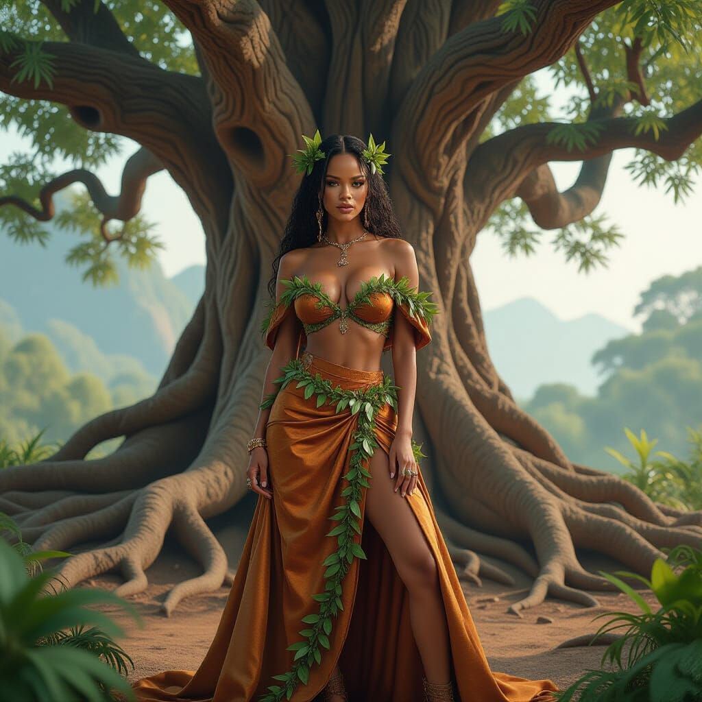 Rihanna Portrait with Hyperrealistic Tree in Digital Art Sty...