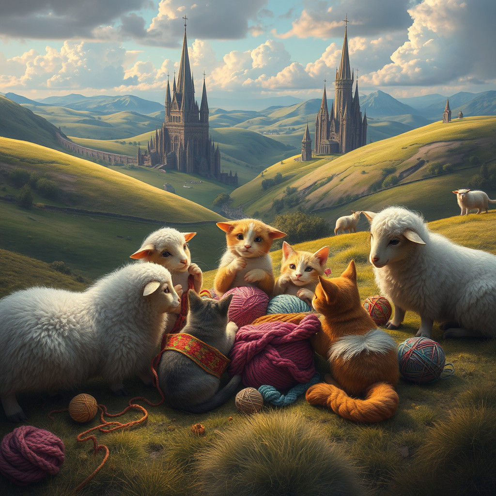 Fantastical Knitting Circle of Sheep and Cats