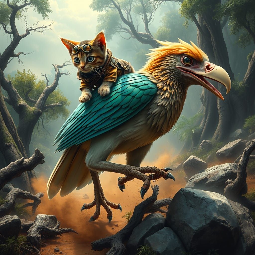 Calico Kitten Rides Cyberpunk Terror Bird in Primordial Land...