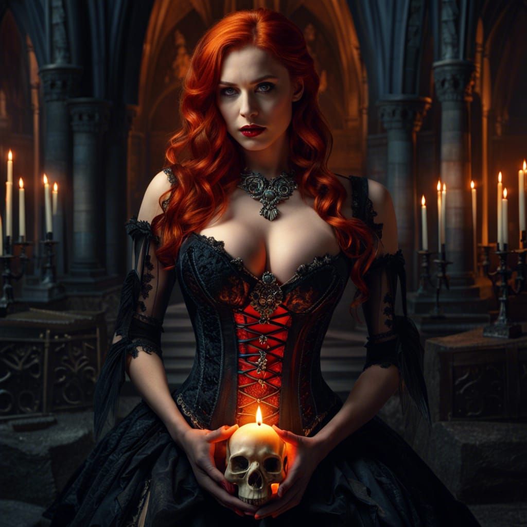 Redheaded Vampire with Skull in Gothic Ruins