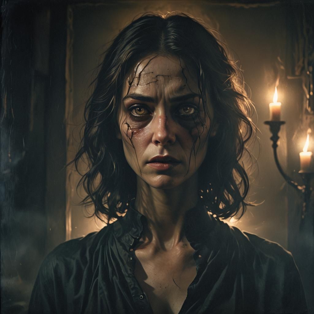 Disturbed Woman in Dimly Lit Room, Dark Fantasy Art