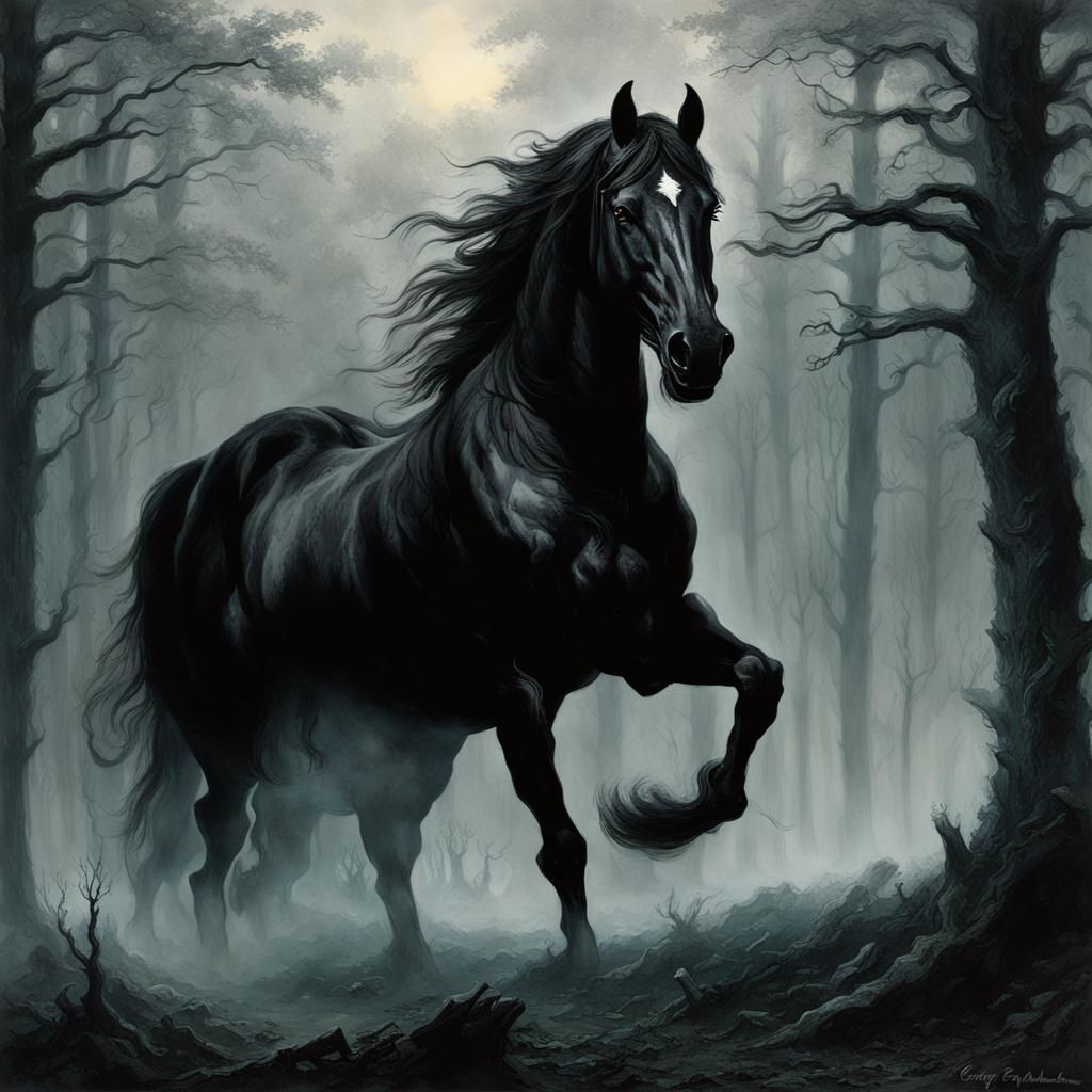 Black Horse in Misty Forest, Gothic Horror Style