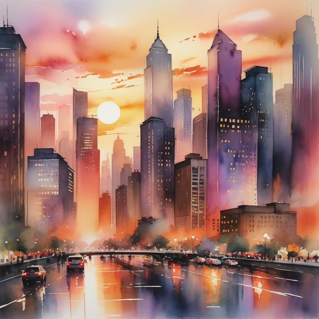 Sunset Cityscape in Watercolor Style