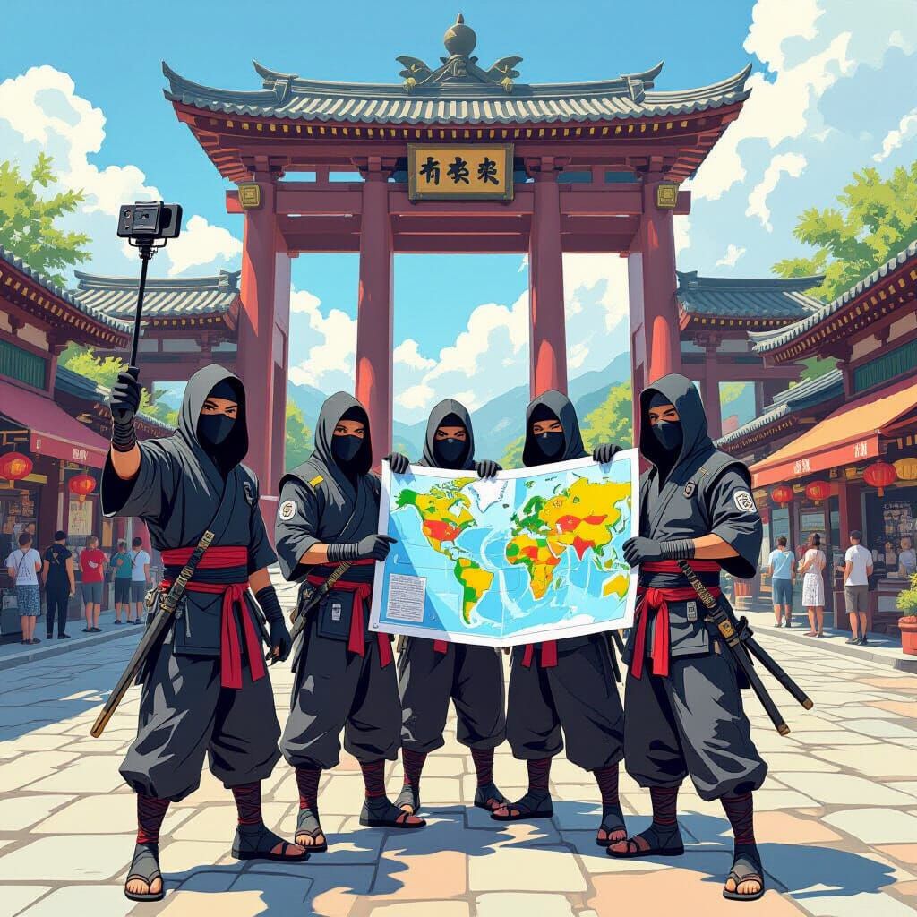 Ninjas on Vacation Posing at Landmark in Digital Painting St...