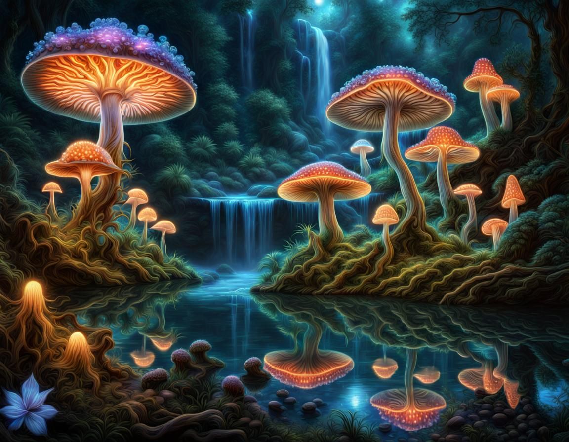 Bioluminescent Crystal Mushroom Forest in Haeckel Style