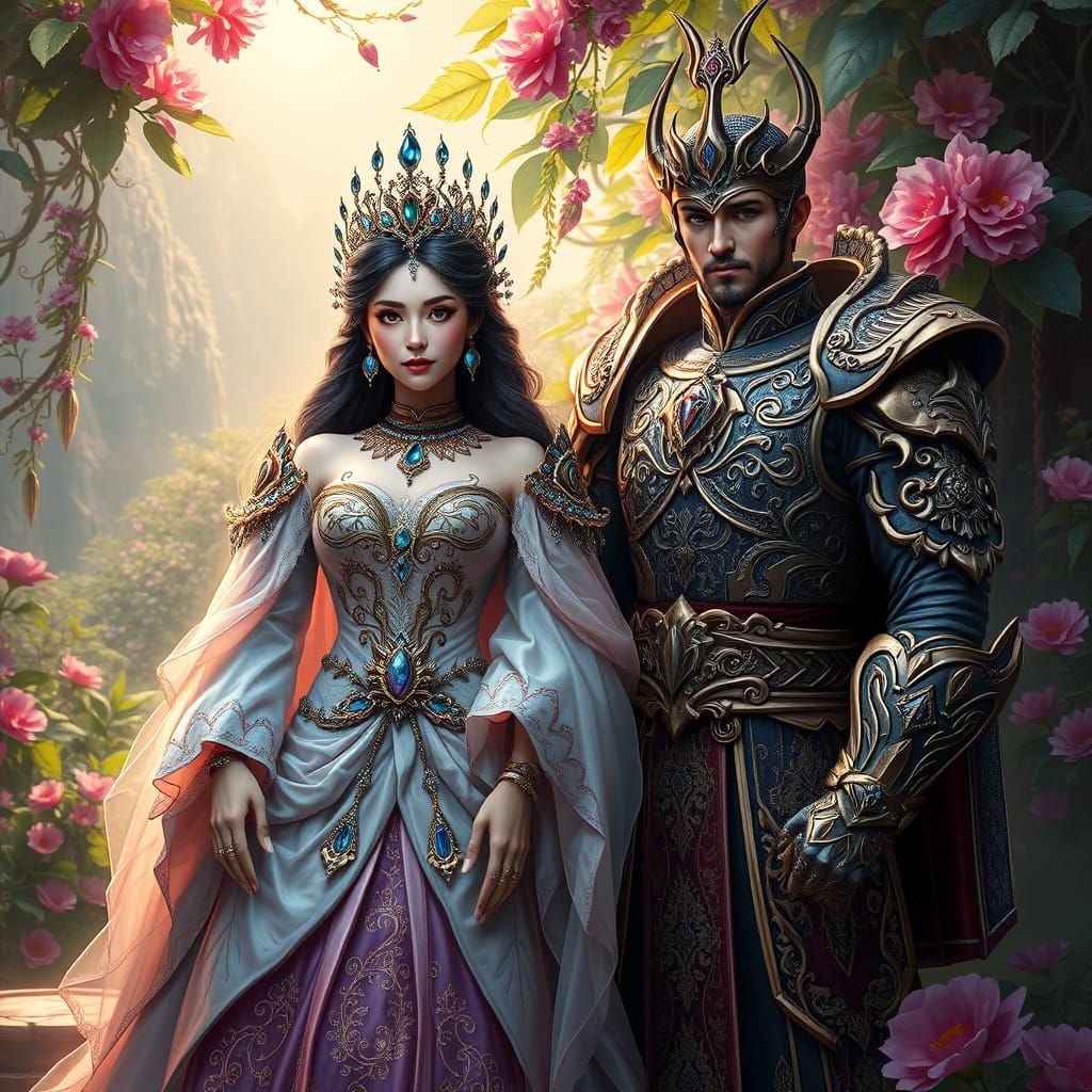 Regal Fantasy Couple in Majestic, Vibrant Environments