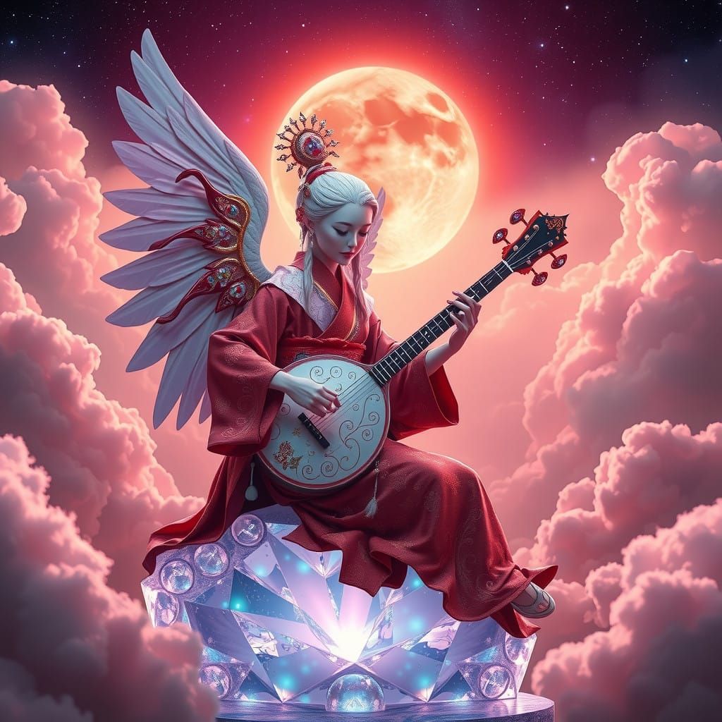 Regal Geisha Angel Sits Amidst Cosmic Landscape with Bright...