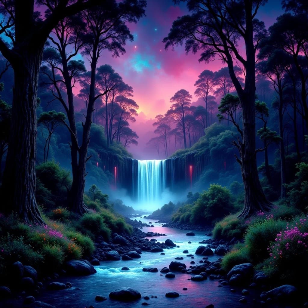 Neon Waterfall in New Zealand Bush at Night