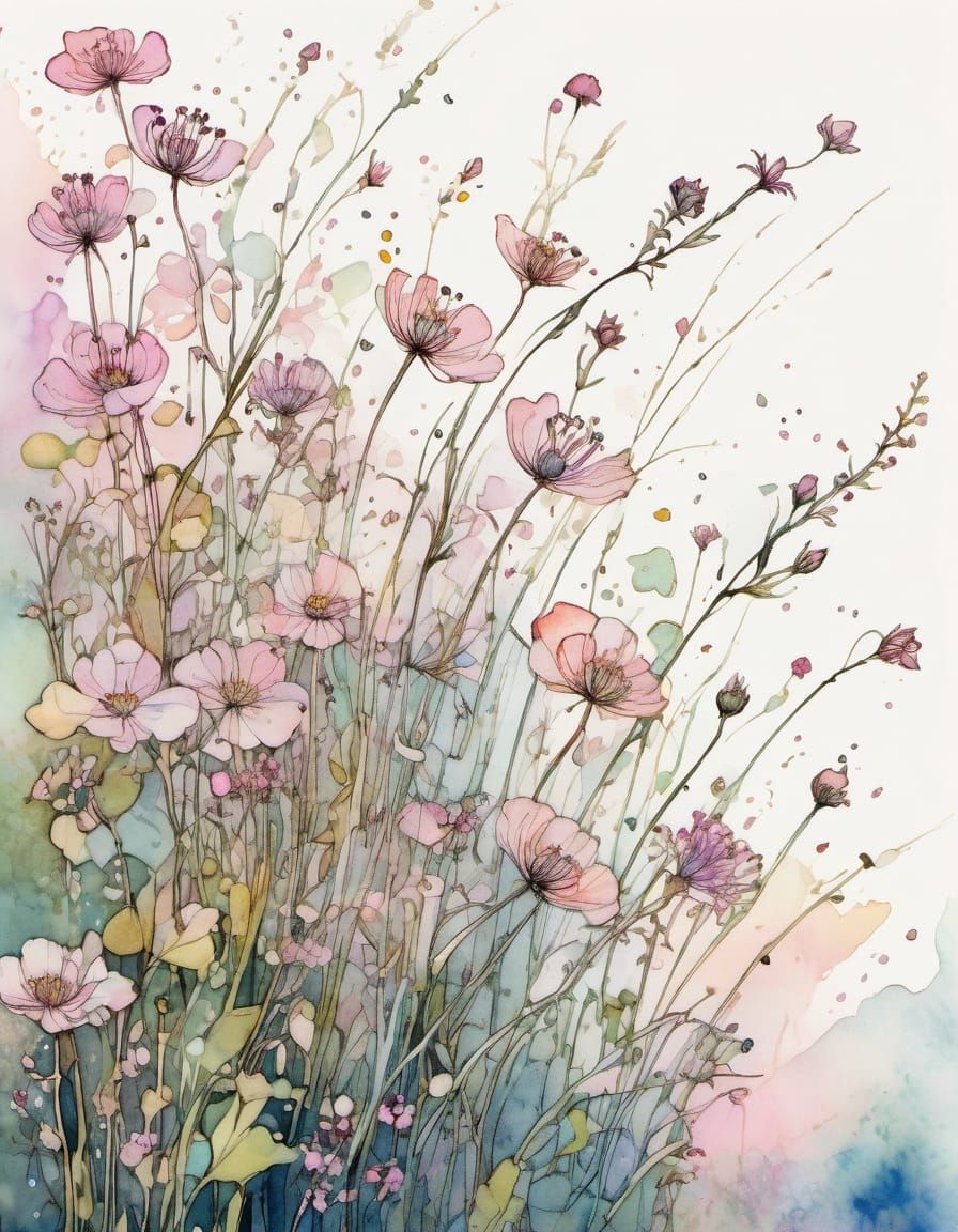 Pink Wildflowers in Art Nouveau Style
