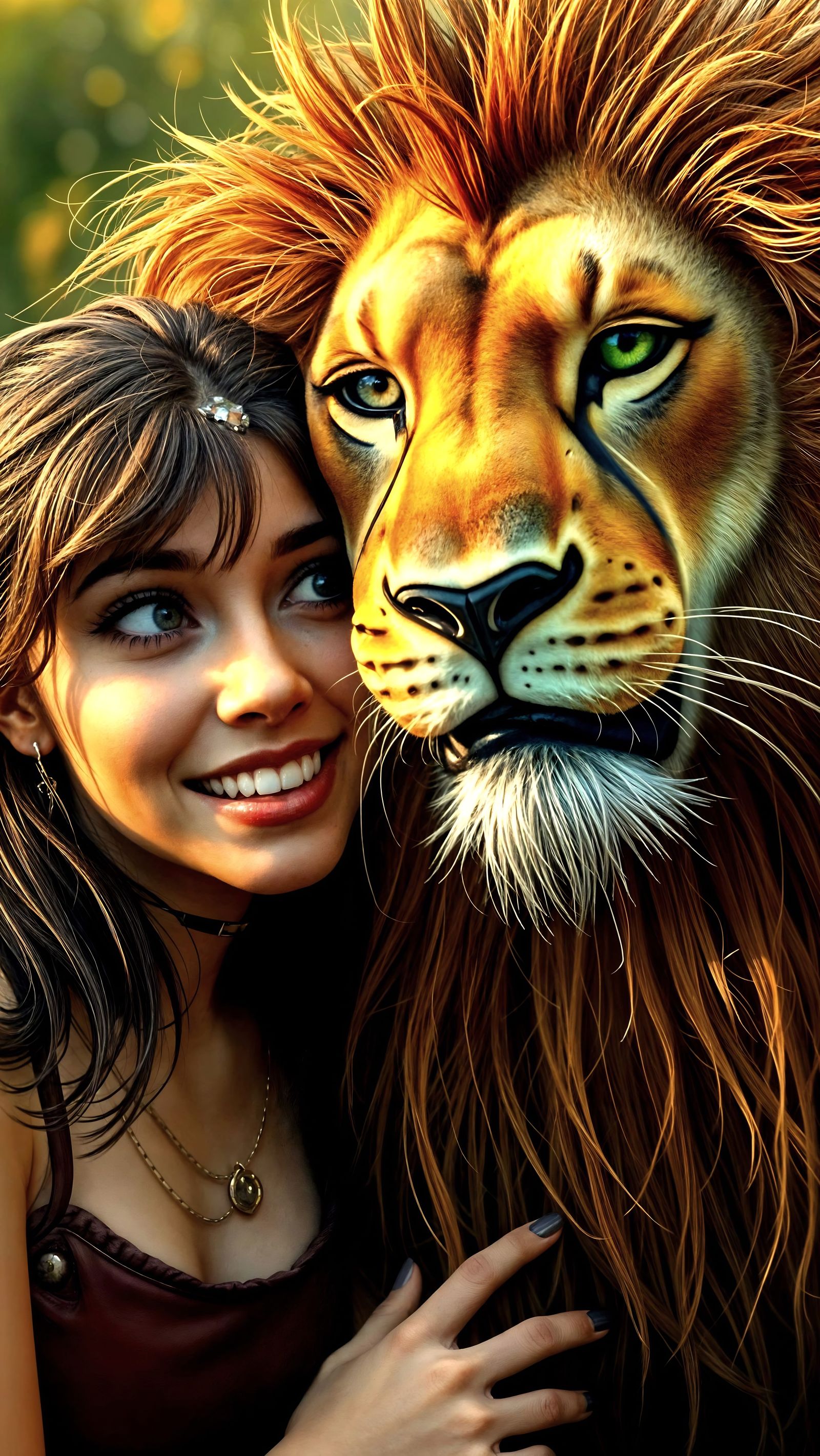 Woman and Lion Posing: Hyperrealistic Rendering