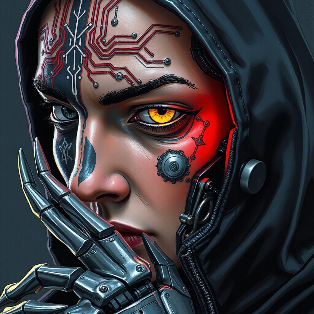 Gritty Cyborg Face with Neon Futurism Style