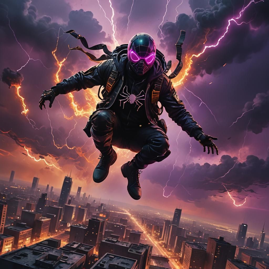 Cyberpunk Spider Skydiving Over Ruined Cityscape