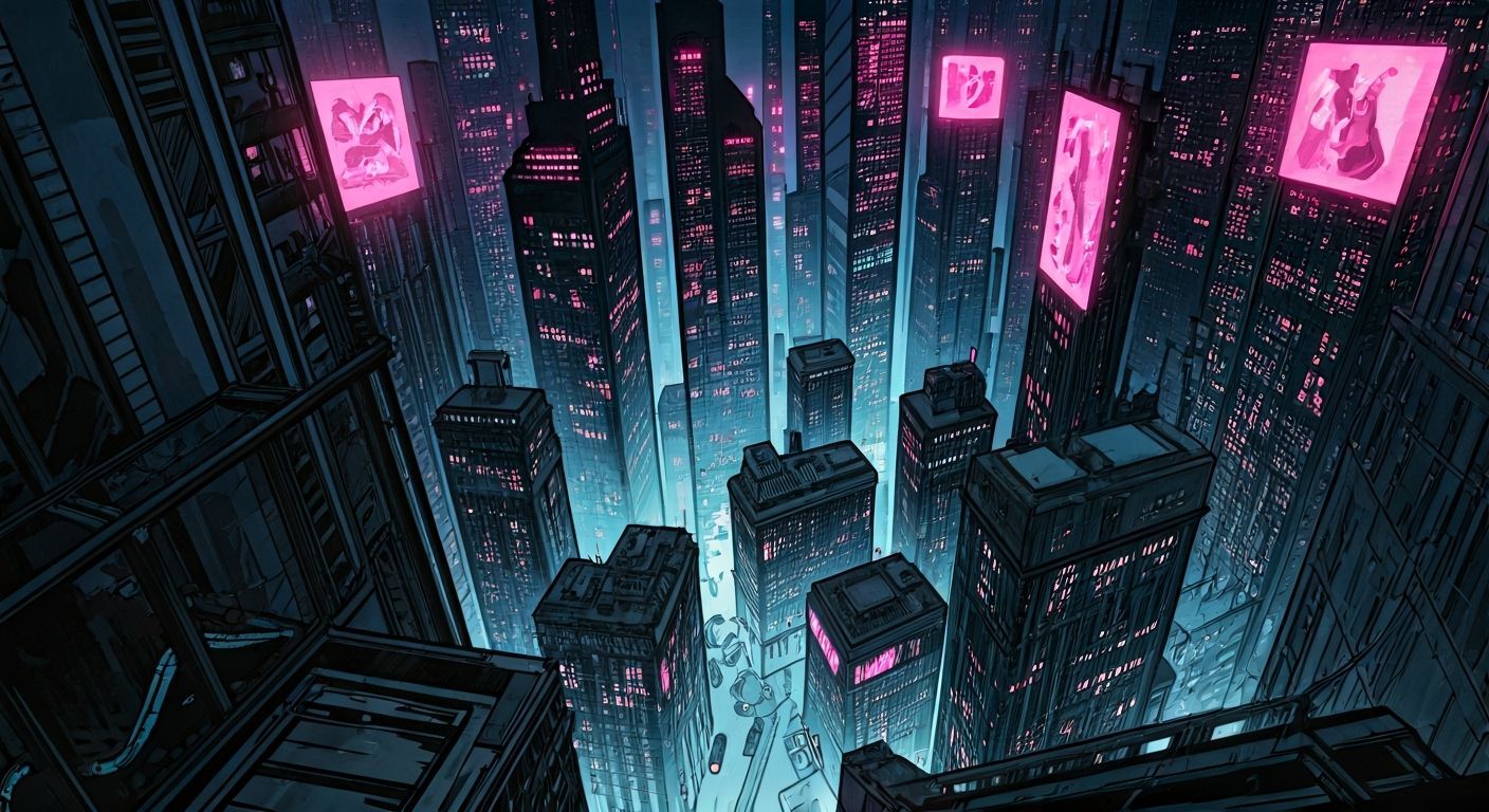 Cyberpunk Cityscape at Night in Graphic Novel Style